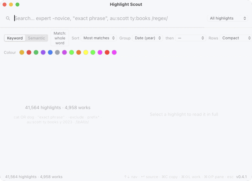 Typing 'connectionism', arrowing through results, then narrowing with au:hinton — results update instantly.